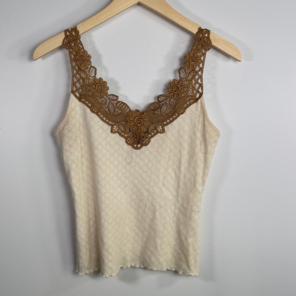 Free People Floral Lace Crochet Trim Cami Tank Top Cream Brown Small